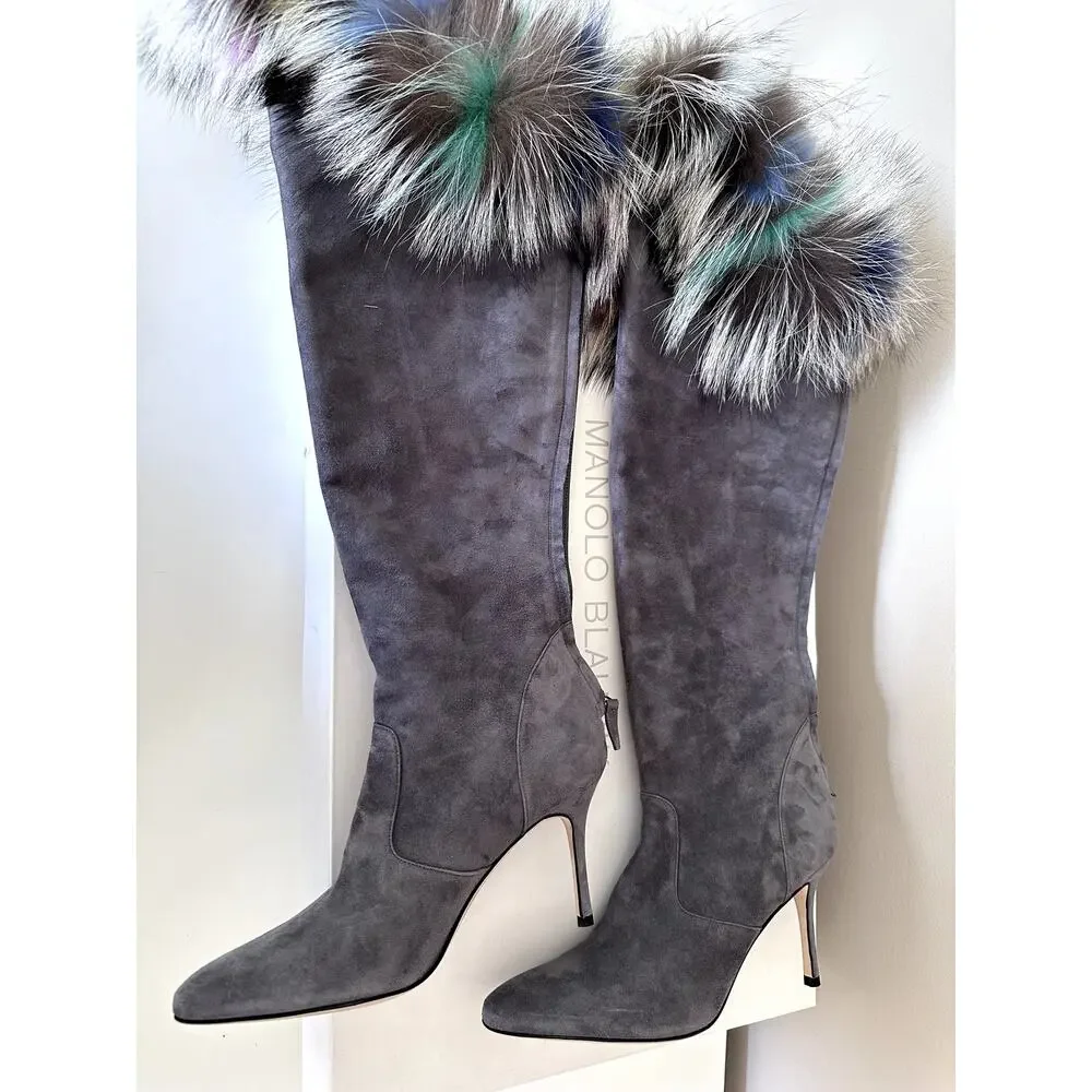 $1995 Manolo Blahnik Likanskim Boots Fur Suede Tall Womens Shoes Size 37.5 New